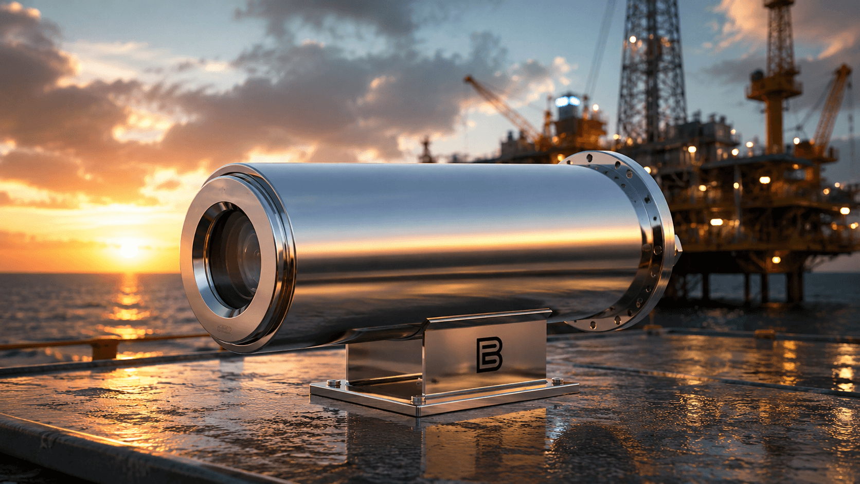 Explosion-proof camera in hazardous industrial environment at dusk